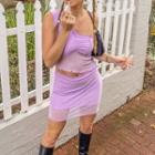 Set: One Shoulder Mesh Panel Crop Tank Top + Mesh Mini Skirt
