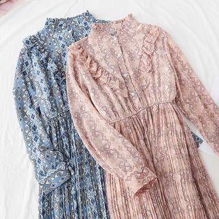 Ruffle Trim Patterned Chiffon Midi Dress