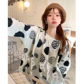 Long-sleeve Print Loose-fit Blouse White & Black - One Size