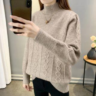 Mock-neck Plain Cable Knit Sweater