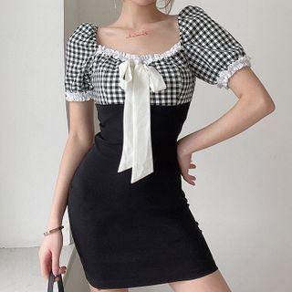 Puff-sleeve Square Neck Ruffle Trim Plaid Panel Mini Sheath Dress