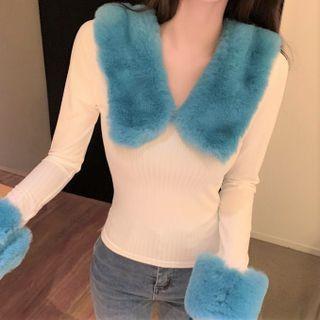 Long-sleeve Fluffy Trim Knit Top White - One Size