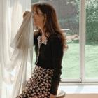 Lace-trim Rib-knit Cardigan Black - One Size