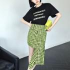 Elbow-sleeve Lettering T-shirt / Asymmetrical Plaid Mini Pencil Skirt