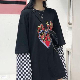 Mock Two-piece Checkerboard Panel T-shirt As Shown In Figure - One Size
