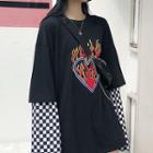 Mock Two-piece Checkerboard Panel T-shirt As Shown In Figure - One Size