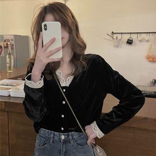 V-neck Lace-trim Velvet Shirt Black - One Size