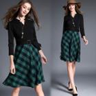 3/4-sleeve Check Panel Dress