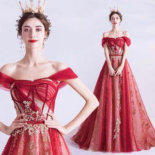 Embroidered Cold Shoulder A-line Evening Gown