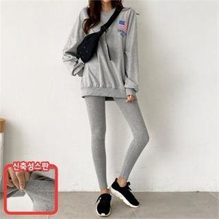 Set: Letter Print Pullover + Band-waist Leggings