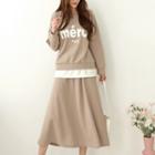 Set: Letter Layered-hem T-shirt + Long Flare Skirt