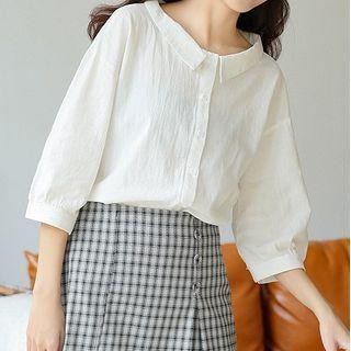 3/4-sleeve Loose-fit Plain Shirt