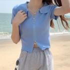 Short-sleeve Collared Zip-up Knit Top