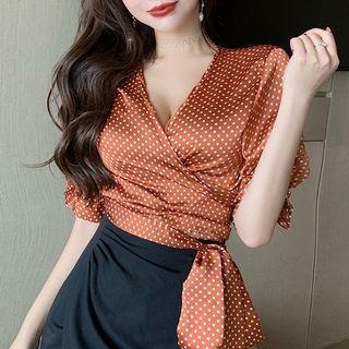 Short-sleeve Dotted Wrap Blouse