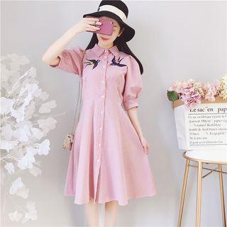 Elbow-sleeve Embroidered Striped Shirt Dress