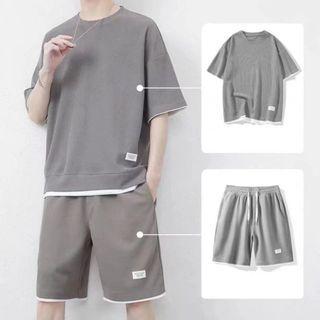 Set Of 2: Mock Two-piece Short-sleeve Plain T-shirt + Shorts