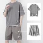 Set Of 2: Mock Two-piece Short-sleeve Plain T-shirt + Shorts