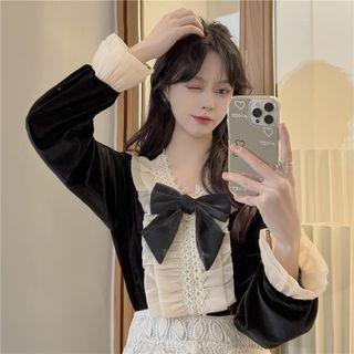 Lace Trim Bow Accent Blouse Black - One Size