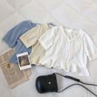 Single-breasted V-neck Lace Ruffled-trim Short-sleeve Blouse