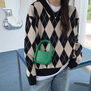 Oversize Argyle Knit Sweater Black - One Size