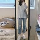 Lettering Sweatshirt / Distressed Straight-fit Jeans