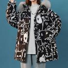 Faux Fur Trim Hood Cat Print Jacket