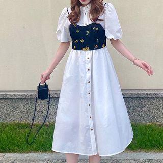 Set: Sleeveless Floral Top + Plain Shirtdress