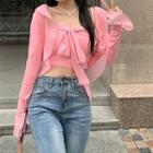 Halter Camisole / Frill Trim Cardigan / Lace-up Midi A-line Skirt / Set