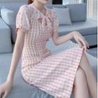 Short-sleeve Bow-front Plaid A-line Dress