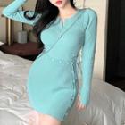 Set: Drawstring Ribbed Knit Top + Knit Skirt Light Aqua Blue - One Size
