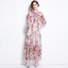 Long-sleeve Floral Print Mesh Maxi A-line Dress