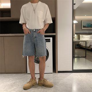 Two-tone Panel Denim Straight-cut Shorts