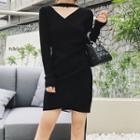 Long-sleeve Cut Out Mini Knit Dress Black - One Size
