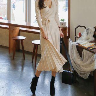V-neck Long-sleeve A-line Knit Dress Beige Almond - One Size