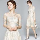 Elbow-sleeve Embroidered Mesh Dress