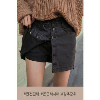 Button-detail Faux-leather Skort
