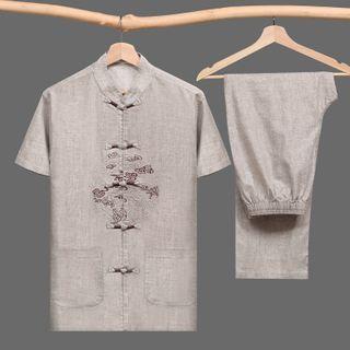 Set: Short-sleeve Embroidered Frog-buttoned Shirt + Pants