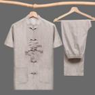 Set: Short-sleeve Embroidered Frog-buttoned Shirt + Pants
