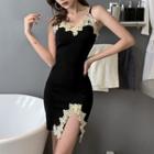 Embroidered Spaghetti Strap Bodycon Dress Black - One Size