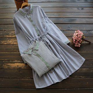 Long-sleeve Embroidered Pinstriped A-line Collared Dress