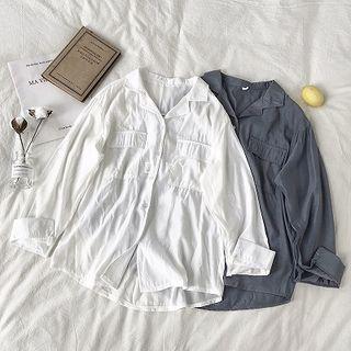 Plain Double-pocket Long-sleeve Blouse