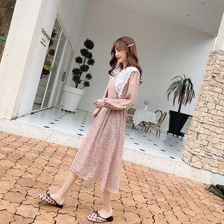 Lace Collar Floral Long-sleeve Midi A-line Dress