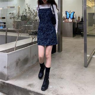 Long-sleeve Plain Top + Printed Spaghetti Strap Dress