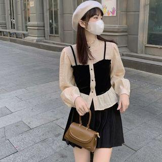 Mock Two-piece Long-sleeve Button-up Blouse Almond & Black - One Size