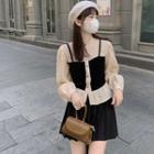 Mock Two-piece Long-sleeve Button-up Blouse Almond & Black - One Size