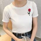 Rose Embroidered Short-sleeve Knitted T-shirt