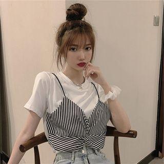 Mock Two-piece Short-sleeve Striped Twist Top
