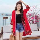 3/4-sleeve Open-front Embroidered Jacket Red - One Size