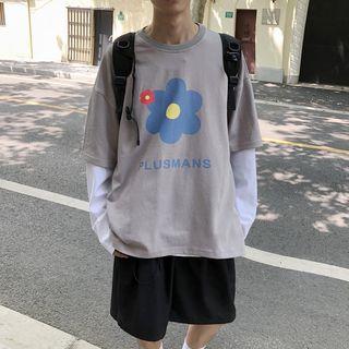 Mock Two-piece Long-sleeve Flower Print T-shirt