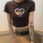 Short-sleeve Heart Print Cropped T-shirt / Pleated Mini A-line Skirt